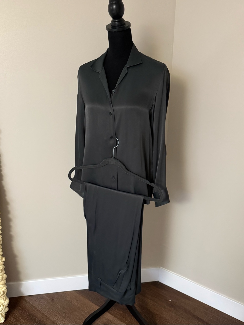 Silky Long Sleeve Button-Down Set in Charcoal - ZARA